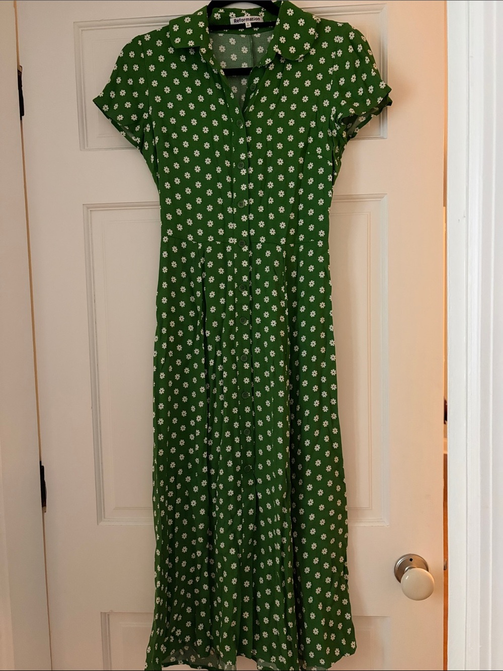 Reformation Green Daisy-Print Button Front Midi Dress